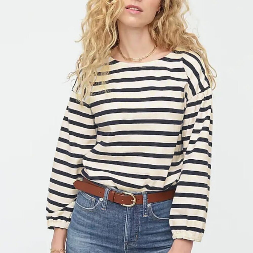 J.CREW Mariner Cloth Puff-Sleeve Top, Black/Sand Stripe, XS